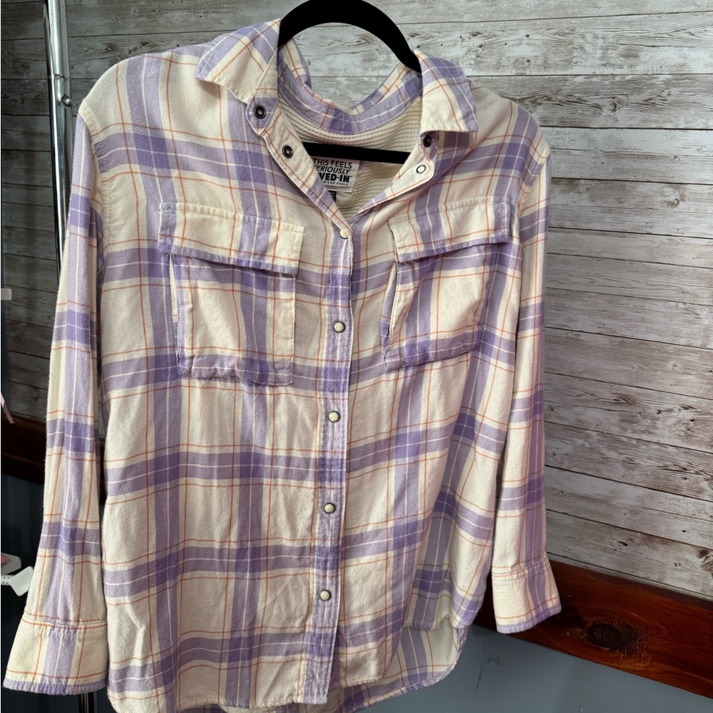 American Eagle Outfitters Purple and Cream Plaid Shirt XS